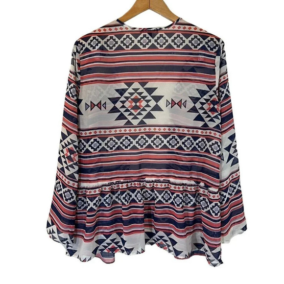 Signature Studio Tribal Blouse XL Sheer Geometric Multi Patterned Crochet Trim - Picture 2 of 7